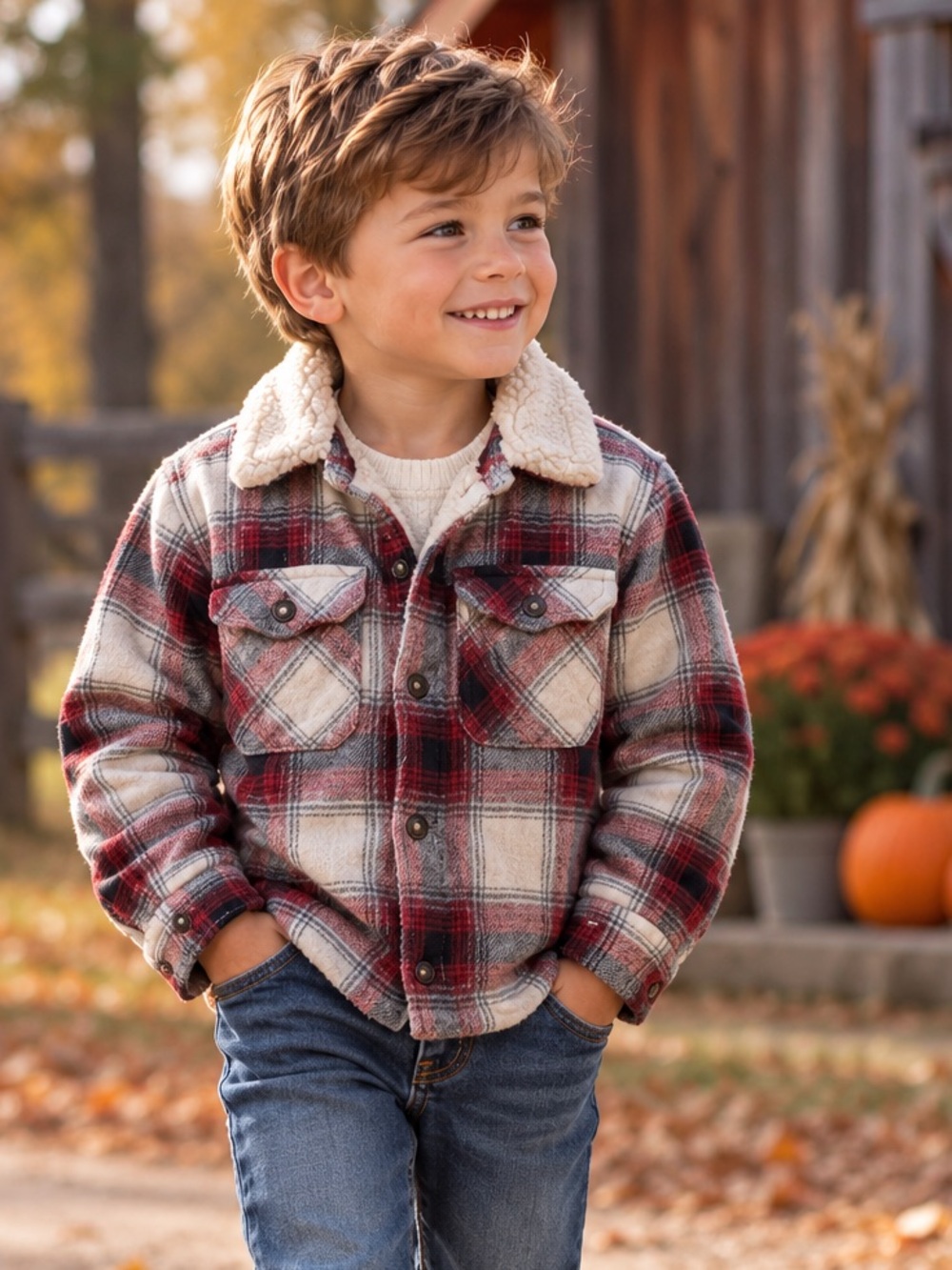 George Boys 5T Plaid Sherpa Lined Shacket – Burgundy Cream Black